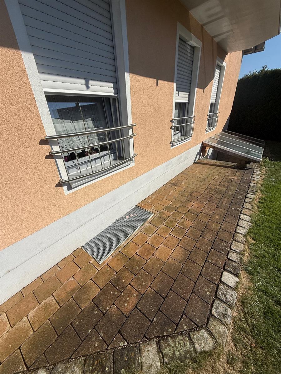 Pflasterweg an der Hauswand vor der Reinigung mit Grünbelag und dunklen Flecken